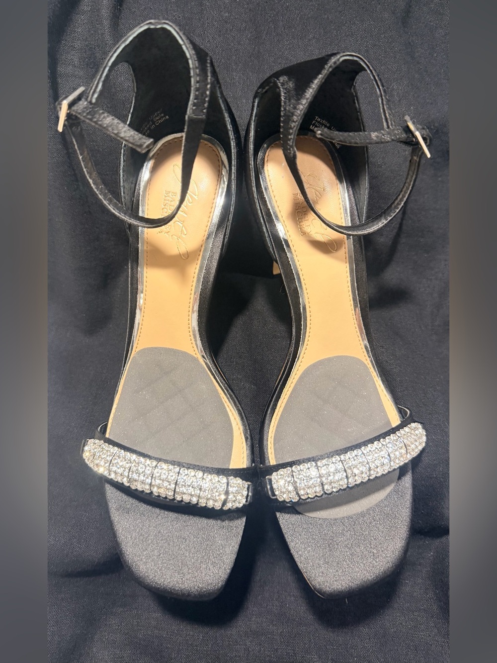 Jewel Badgley Mischka Ranya Black Satin Crystal Rhinestone Ankle Strap Heels